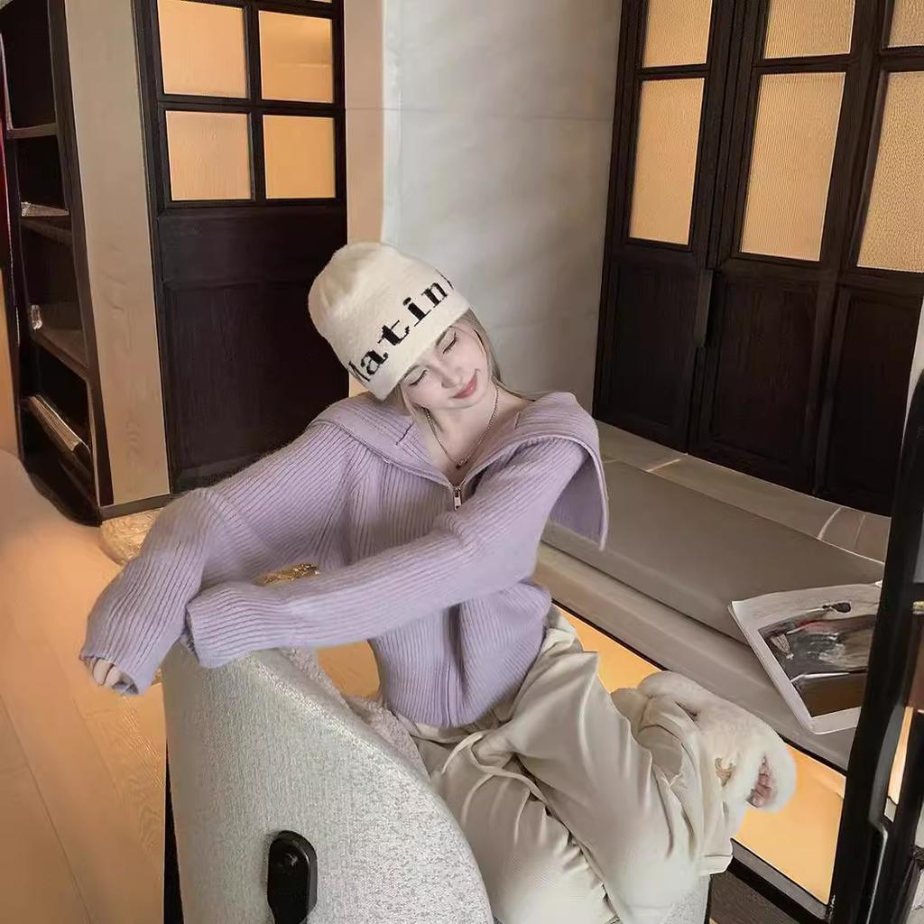 Navy Collar Zipper Sweater Jacket Female Early Spring Lazy Wind Loose Thin Knitted Cardigan Comfortable Versatile and Fashionable