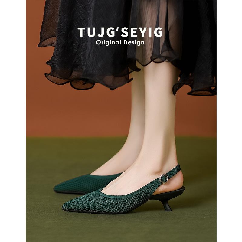 Baotou sandals women's summer thick heel back strap pointed tip through hole breathable fly-knitting shoes knitted one-word strap high heels