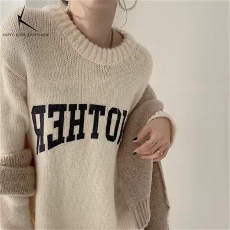 

Korean Fashion Autumn Winter Candy Color Sweater Pullovers for Women Loose Oversized Sweater Letter Knitted Pullovers O Neck One size білий