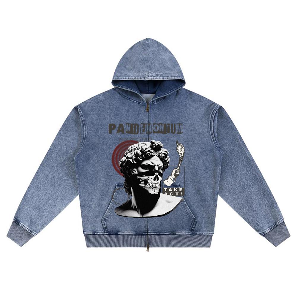 DTG Print Knitted Denim Zip-Up Hoodie Pandemonium Brother Print Zipper Hoodies  