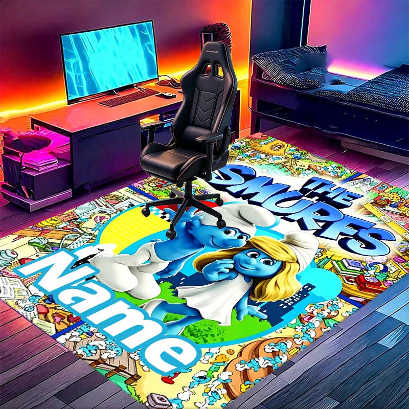 Custom Name Personalized Blue Smurfs Print Carpet, Versatile Home Decor Rug, for Playroom, Apartment, Balcony, Entryway, Hallway Gift