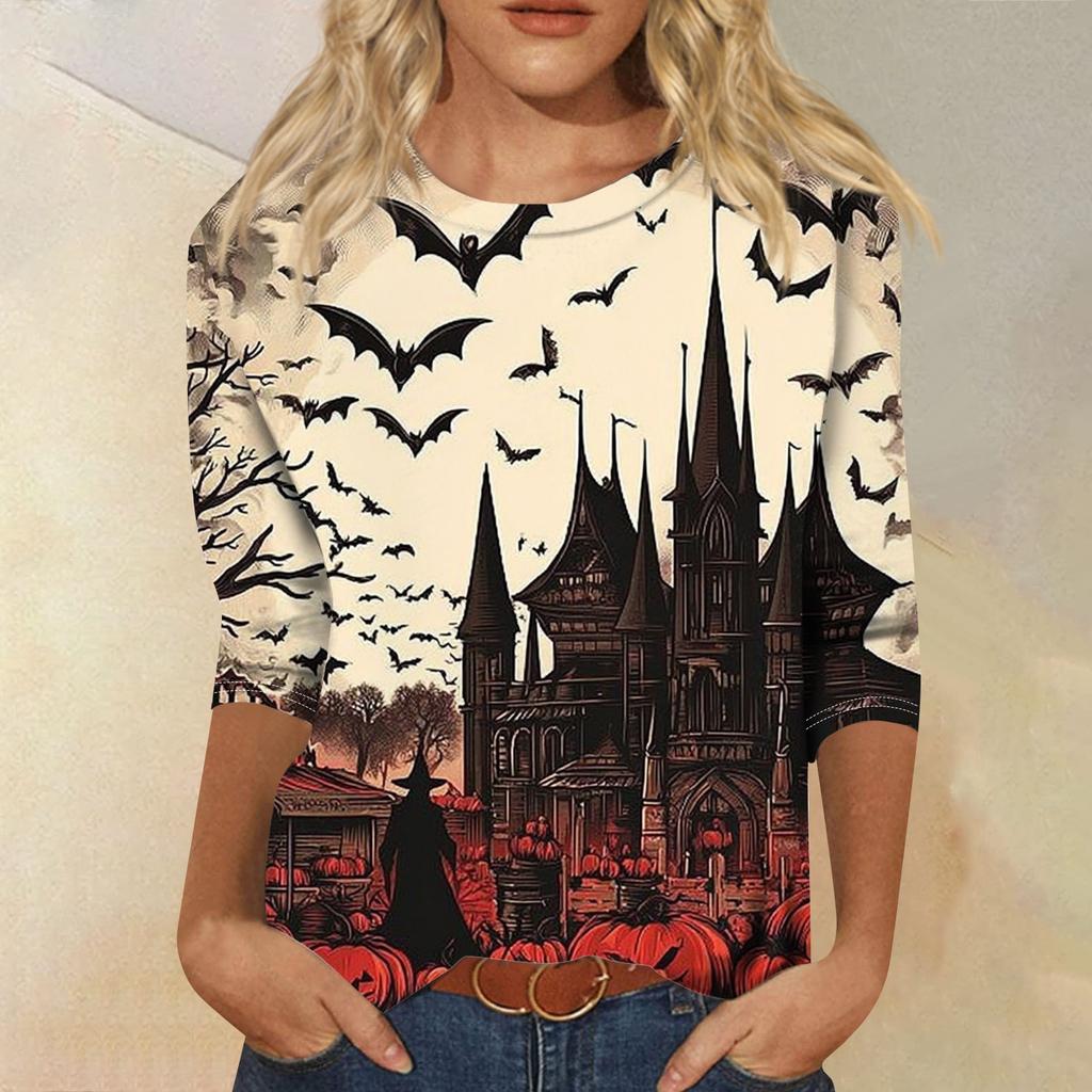 Women's Fashion Casual Round Neck Three-quarter Sleeve Halloween Printed T-shirt Top