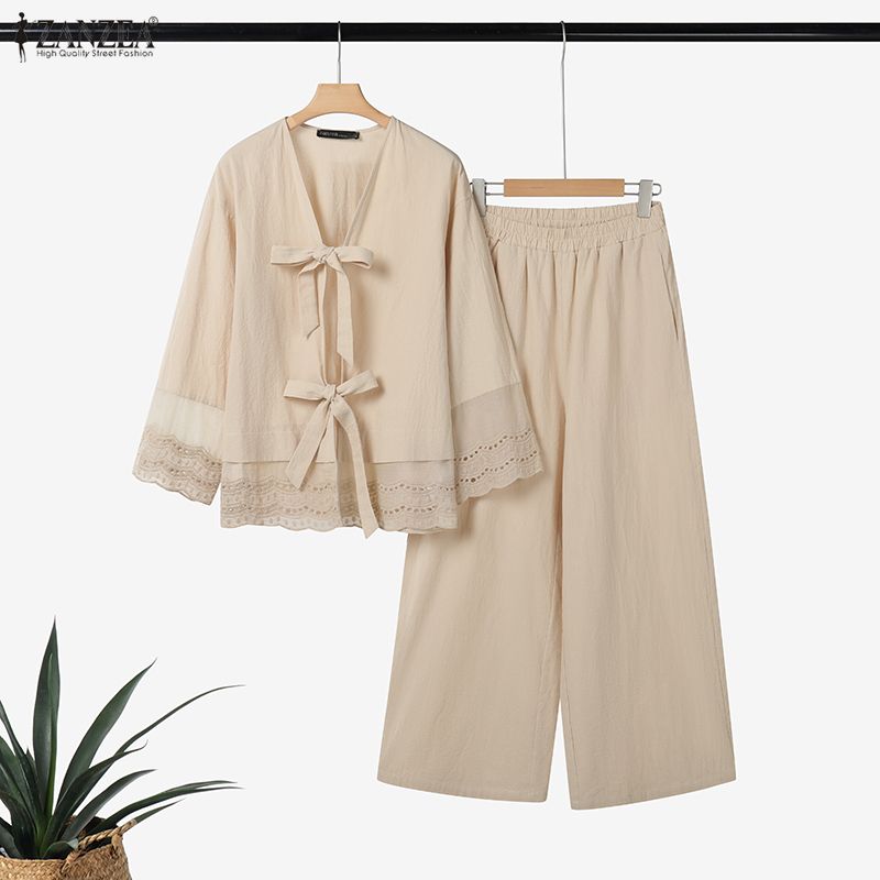 ZANZEA Two Piece Suit Women V Neck Long Sleeve Lace-up Blouse and Pants Casual Sets