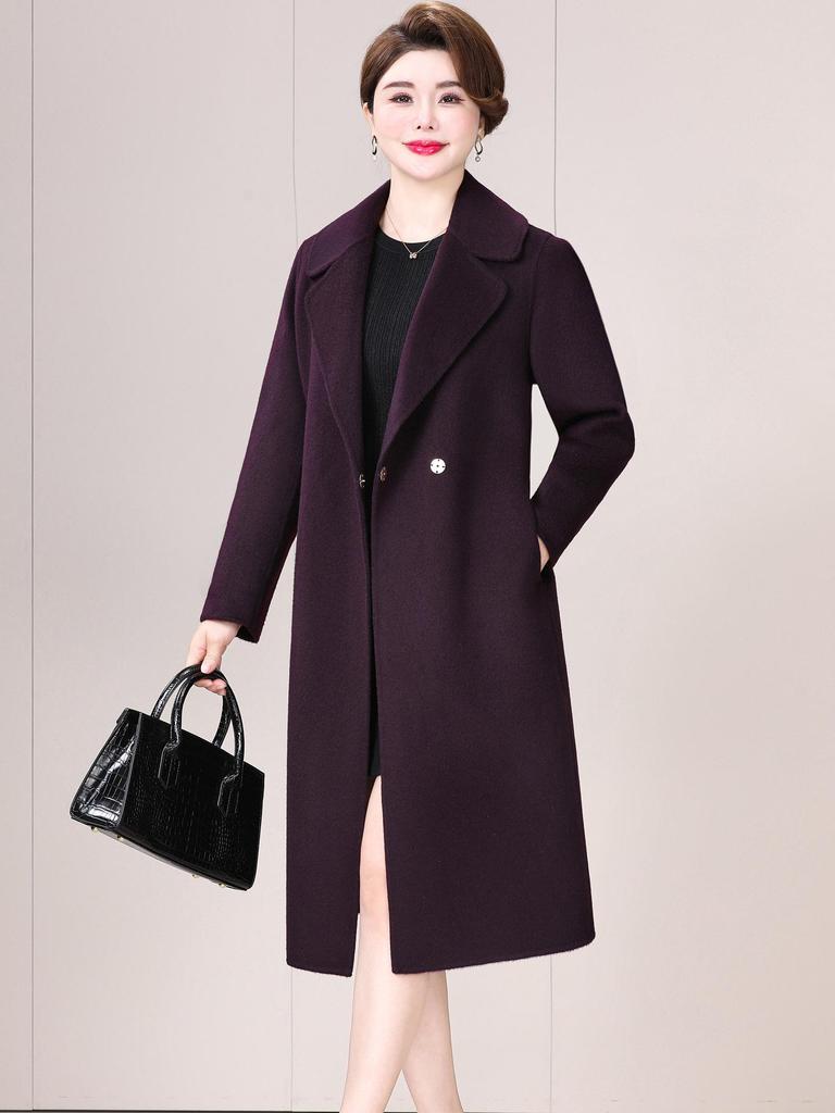 Damski dwustronny płaszcz kaszmirowy - Modny średniej długości z wiązaniem, wełniany, na jesień/zimę