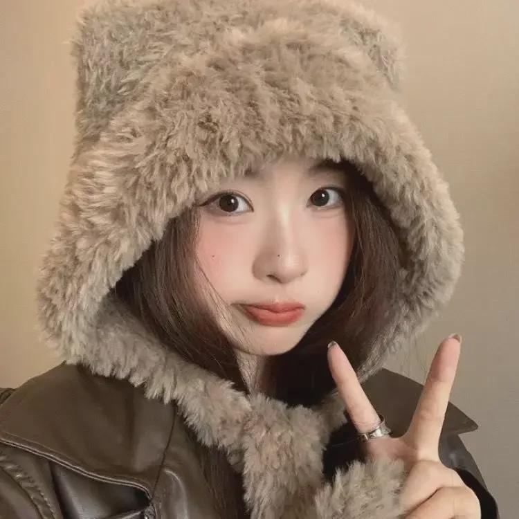 Dam Vinter Plysch Björnöron Hatt med Öronskydd - Stor Passform