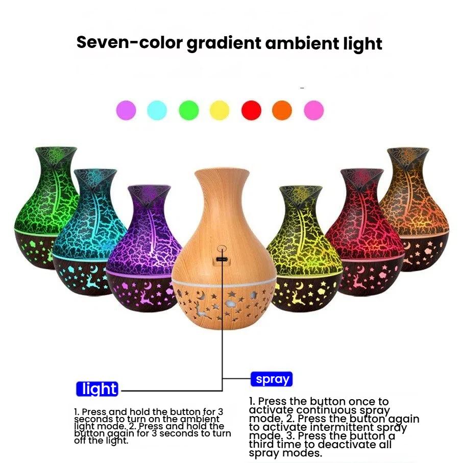 USB Direct Plug-In Wood Grain Flower Vase Humidifier with Colorful Atmosphere Light Spray Device Portable Cracked Wood Pattern