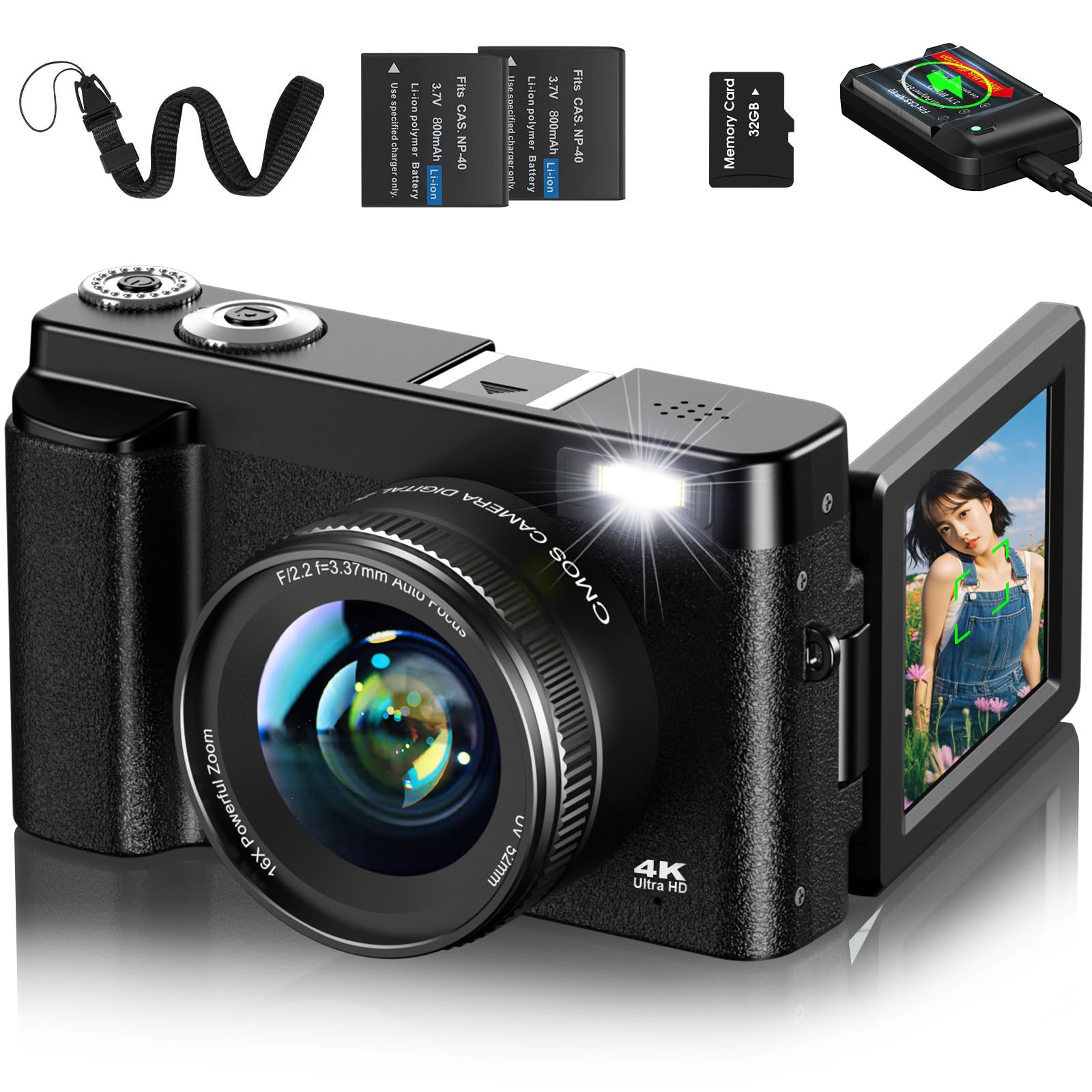 

Lecnippy 4K Digital Camera with 32GB Micro SD Rotating 16x Image Selfie Large Beauty Two 52mm UV Filters Perfect Gift for Day or New Charger Included
