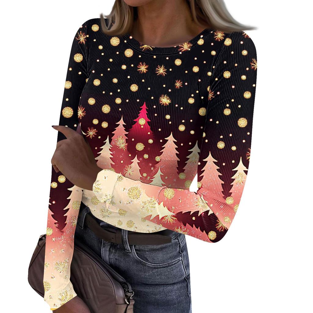 Women's  And Winter Slim Bottom T-shirt Fashion Casual Christmas Printed Round Neck Pullover Long Sleeve Top