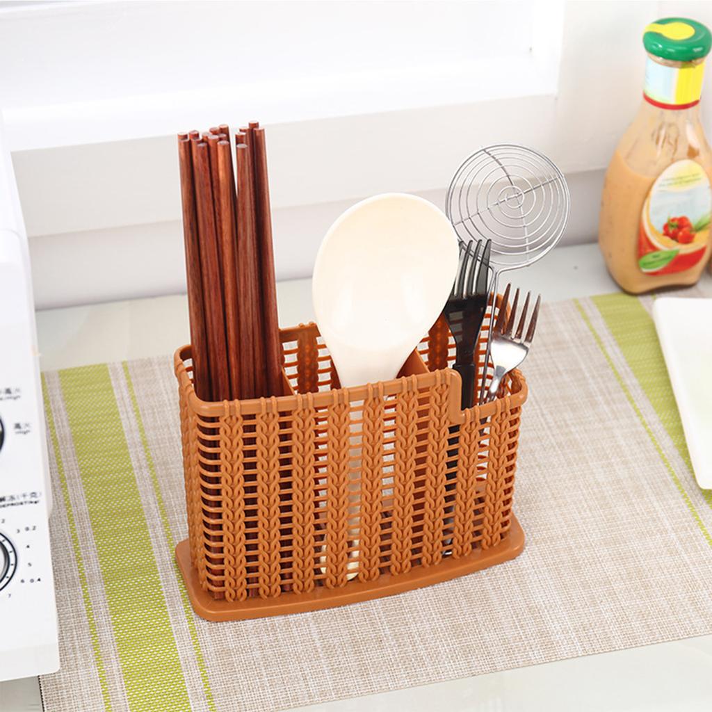 Rattan Weaving Drain Chopsticks Cage Three Compartments Multifunctional Cutlery Hollow Drainer