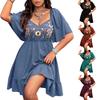 Women's Bohemian Embroidered Square Button Lapel Ruffled Short Sleeve Dress