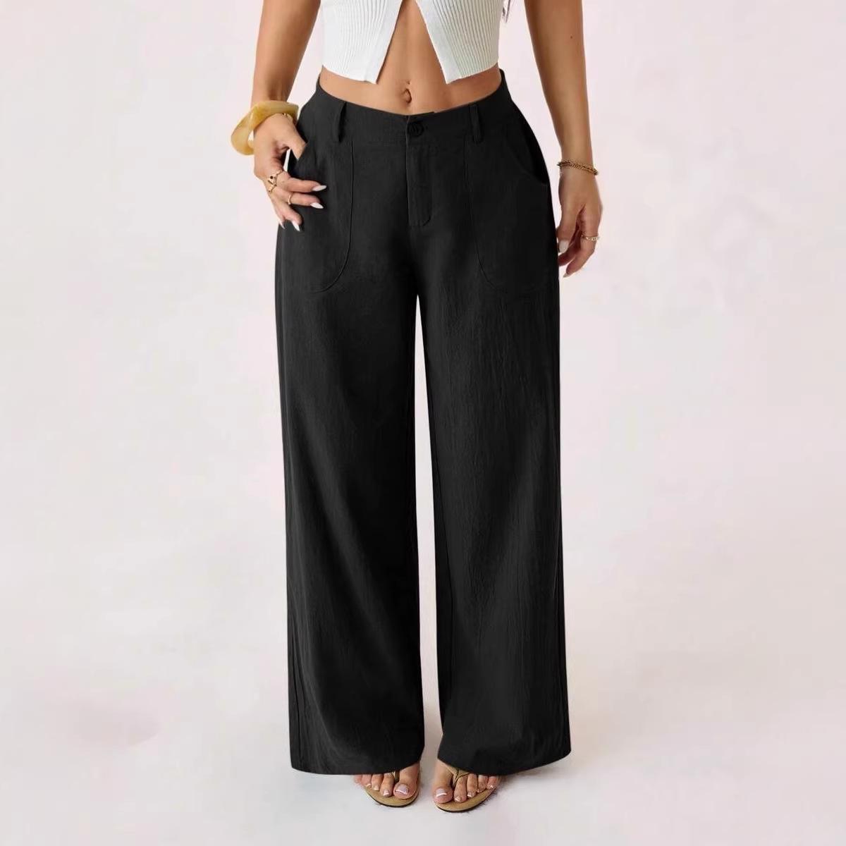 Women S Mid Rise Wide Leg Long Pants Casual Commute Solid Color With Pockets XS чёрный
