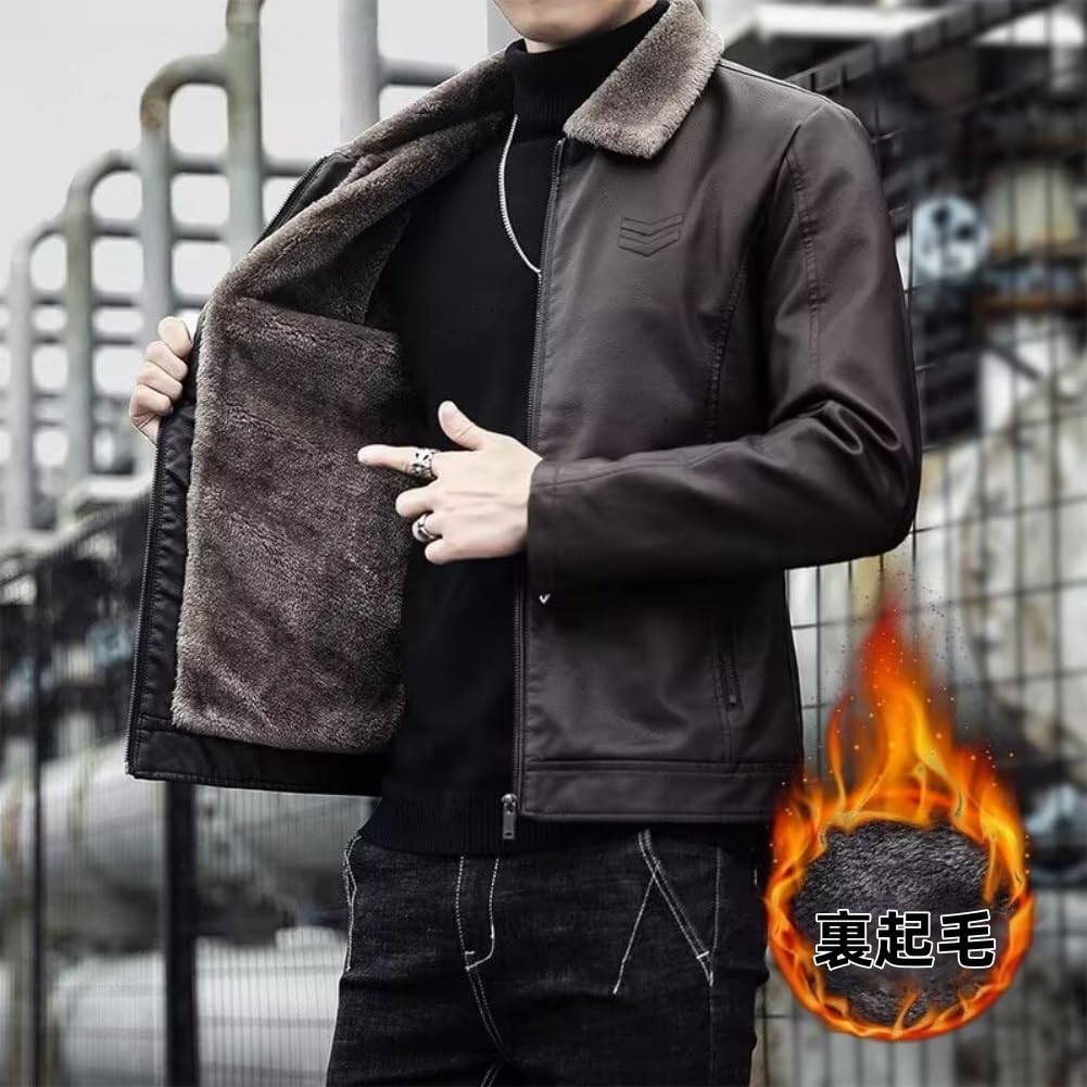 Leather Plus Everyday Wear [EXGXKEDG] Men's Jacket, Rider's Jacket, Thick, Windproof, Fleece-Lined, Outerwear, Lapel, Zipper, Pockets, Sizes, Casual,