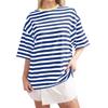 Casual Striped Round Neck Short Sleeve T-Shirt Women Men Comfortable Milk Silk Blend Loose Fit Home Wear
