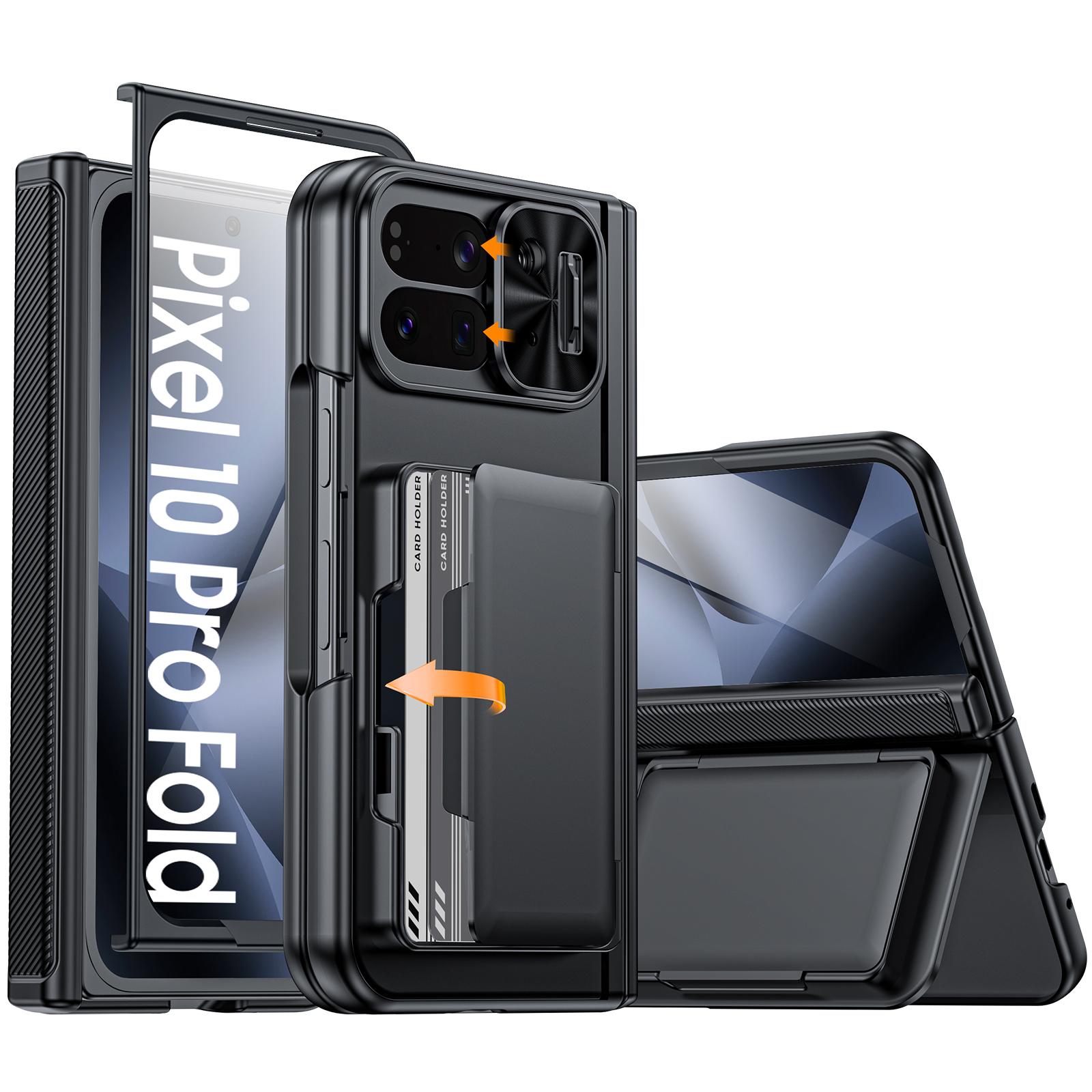 Чехол для телефона Google Pixel 10 Pro Fold с держателем для карт [Блокировка RFID], Защита камеры, Защита шарнира, Скрытая подставка, Защитное стекло экрана - Фиолетовый чёрный