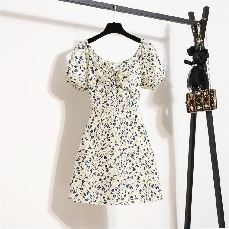 Korean Style Elegant Floral Printed Women Mini Dress Bohemian Pleated Puffy Sleeve Sexy Summer Vestidos Shirring Female Short Dress