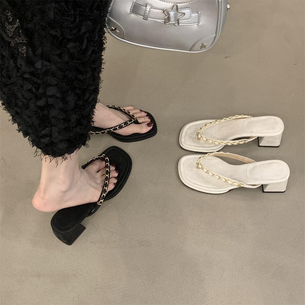 2025 summer new temperament thick heel flip-flops outer wear women's shoes retro metal chain toe high heel sandals