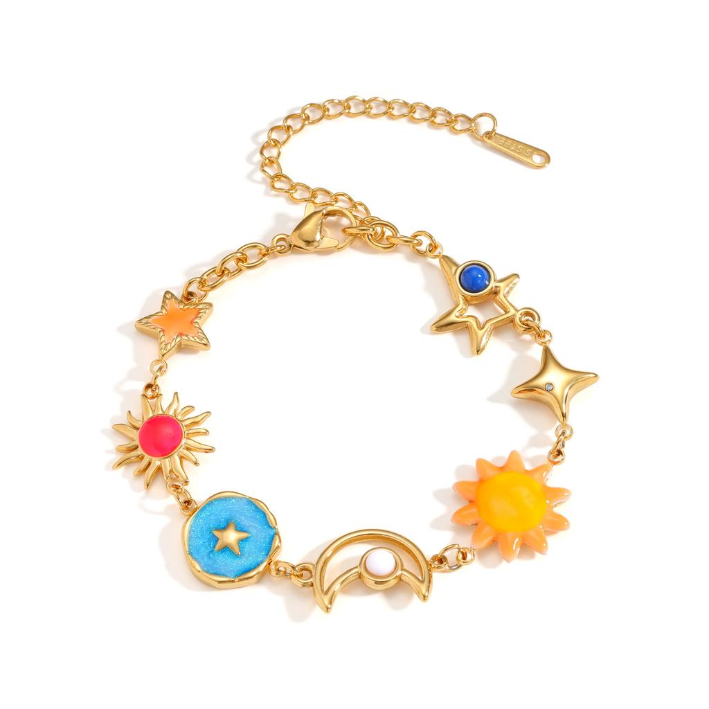 Trendy Women Multi Charms Enamel Bracelet Waterproof 18k Gold Stainless Steel Colorful Star Heart Beetle Shell Dainty Bracelets