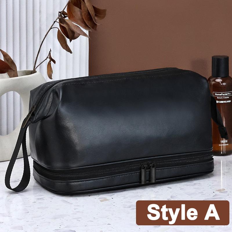 Portable Cosmetic Bag PU Leather Wash Bag Travel Business Trips Large Capacity Multi Pocket Design Handheld Leather Wash Bag