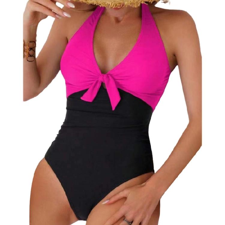 

One Pieced Swimsuit for Women Breathable Swimwear Solid Color Contrasting Bathing Suit Beachwear Backless Design S розы красного