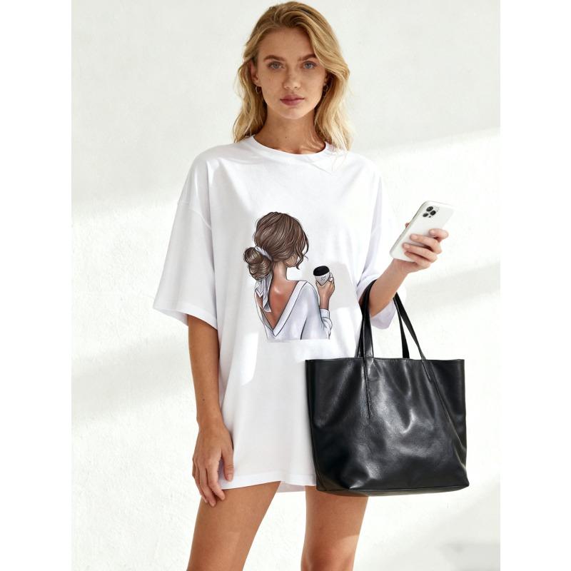 Black Oversized T Shirt With Woman Holding Coffee Cup Print Casual Everyday Wear