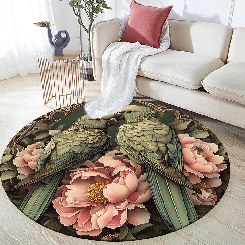 Flower Parrot,Round Area Rug,Carpet Rug for Living Room Bedroom Sofa Playroom Decor,Non-slip Floor Mat