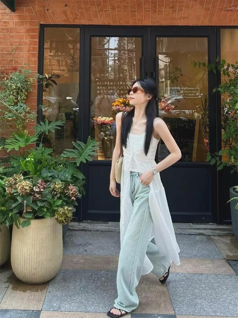 White Mesh Sleeveless Suspender Dress - French Style, Layered, Loose Fit, Slim, Long Skirt, New Summer Collection