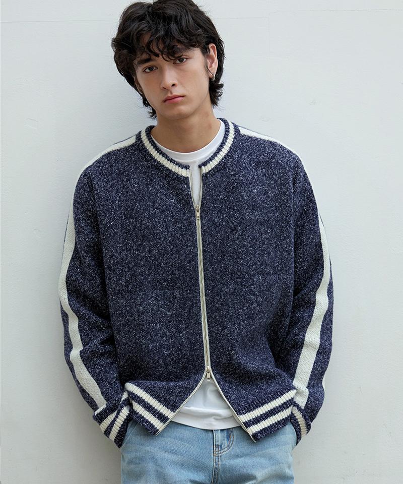 Nod You Varsity Track Line Jacquard Two-Way Heather Zip-Up Knit Jecket [Navy] M