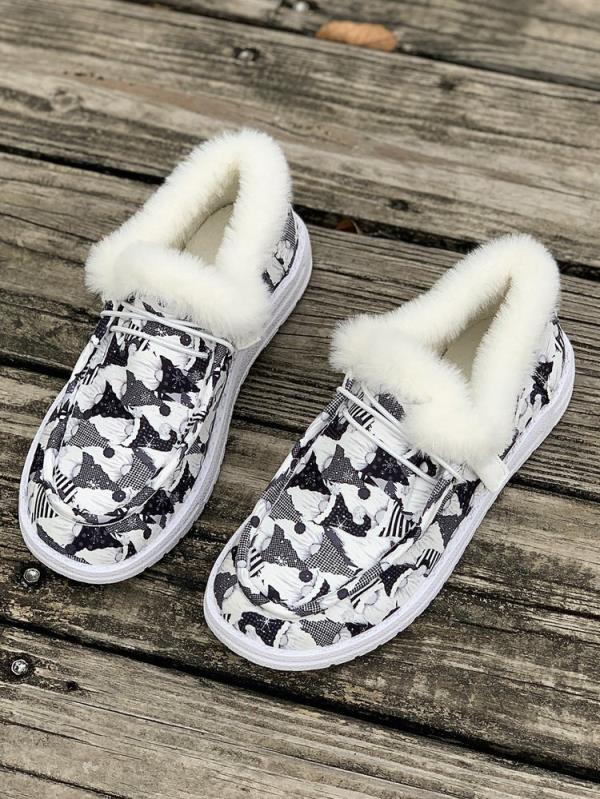 

Модная обувь Женская 2025 Повседневные женские кроссовки Балетки Осень Принт Новое платье Осень Большой размер Зима Короткий плюш Досуг Резина Рим ПУ Фло 35