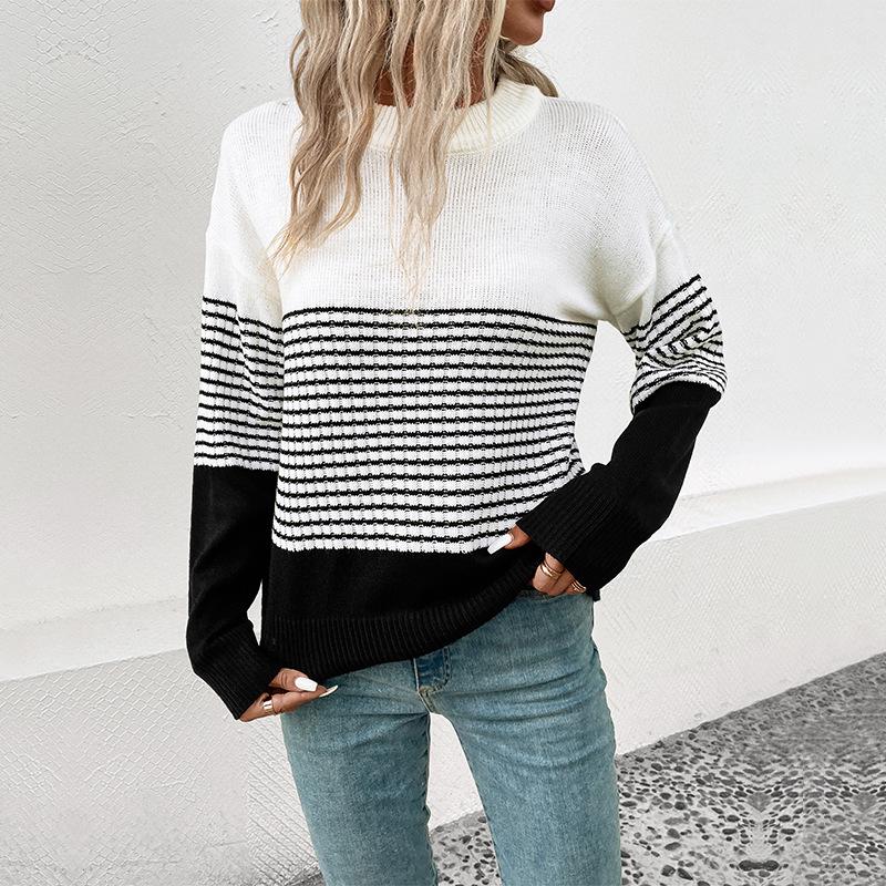 Autumn 2026 European & American Casual Stripe Color Block Sweater - Long Sleeve, Round Neck Pullover