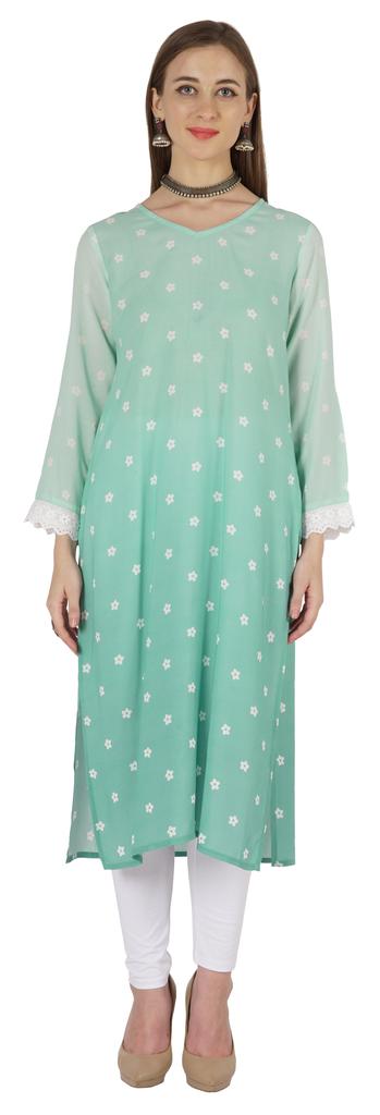 Bimba Printed  Designer  Kurta  For Womens Straight Kurti V-Neck Ethnic  Traditional  Wear - Cotton