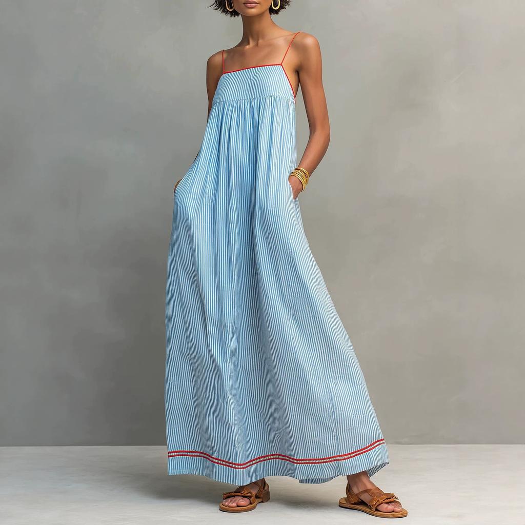Women's Striped Spaghetti Strap Maxi Dress Loose Casual Sleeveless Long Dress with Pockets