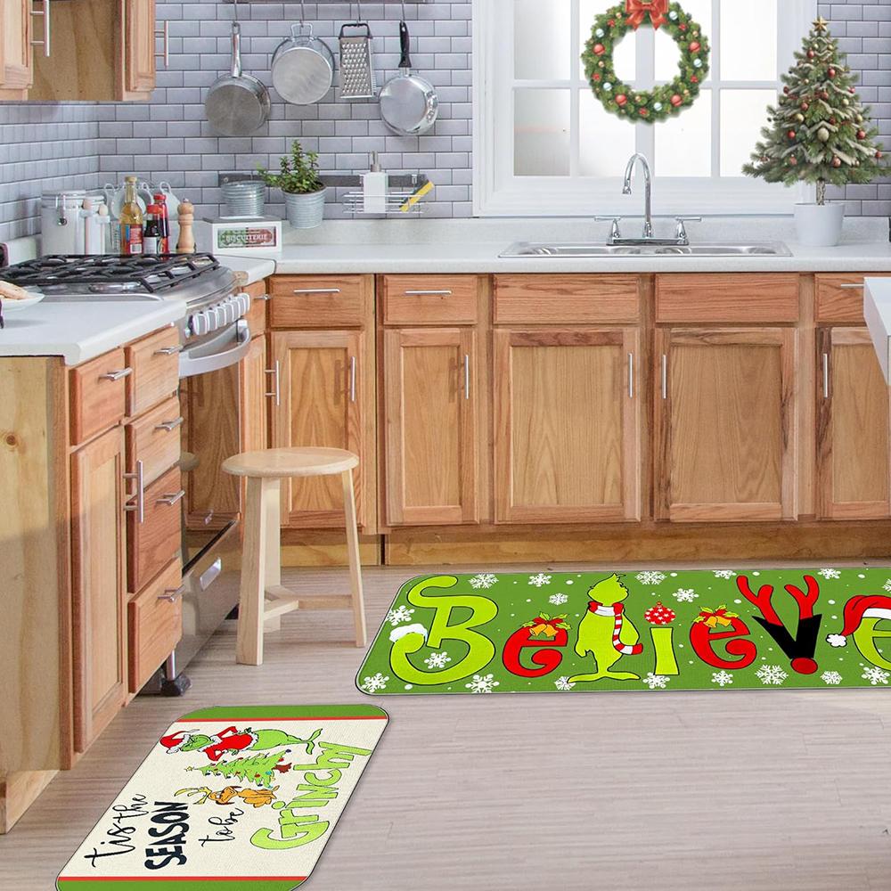 New 2Pcs Polyester Fiber Christmas Kitchen Rugs and Mats For Home Decorations