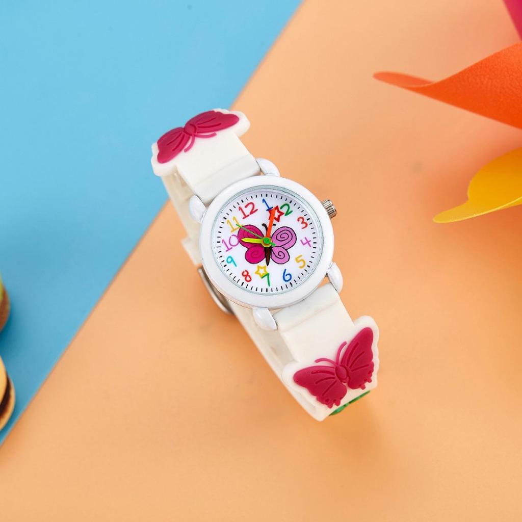 Kids' Pink Cartoon Quartz Watch with Screw-Down Crown and Pin Buckle