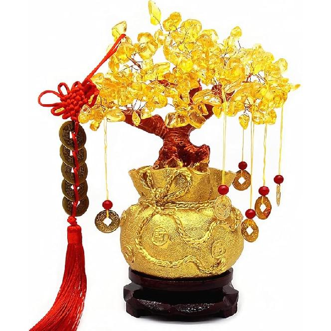 Feng Shui Yellow Quartz Crystal Tree, Bonsai Style Money Trees Decoration for Luck and Wealth (Yuan Bao)