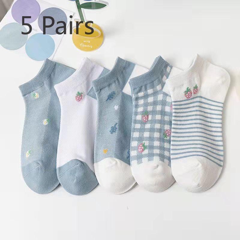 5 Pairs of Boat Socks, Women's Short Socks, Spring and Summer, Shallow, Non-falling Heel Socks, Embossed Style Short Socks