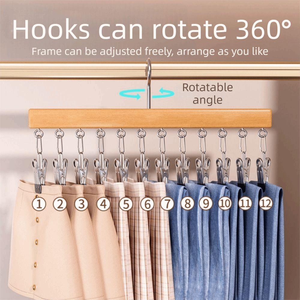 10/12 Clips Wood Hanger 360°Rotation Storage Rack Rotatable Clothes Hanging Hook Socks Hanging