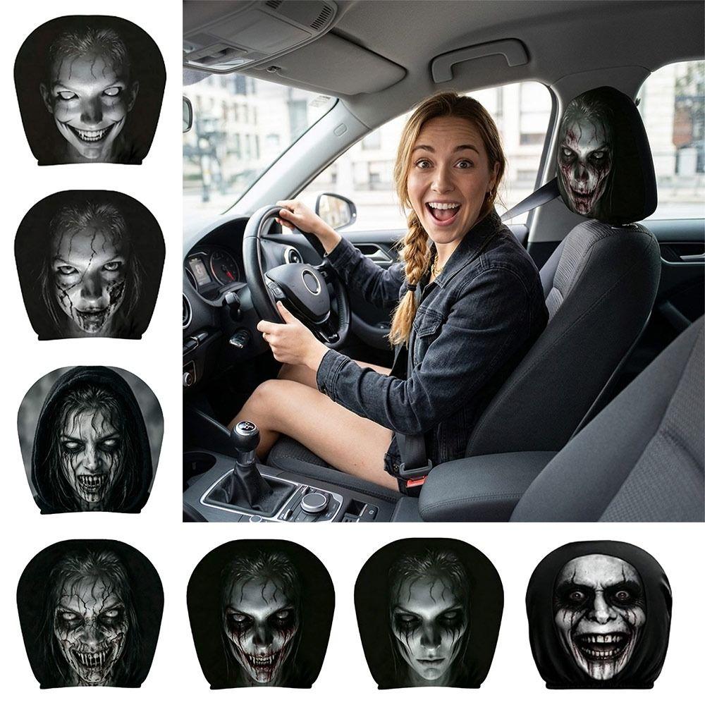 2Pcs Black Car Seat Cover Scary Face Printing Car Headrest Protector Car Headrest Cover Halloween