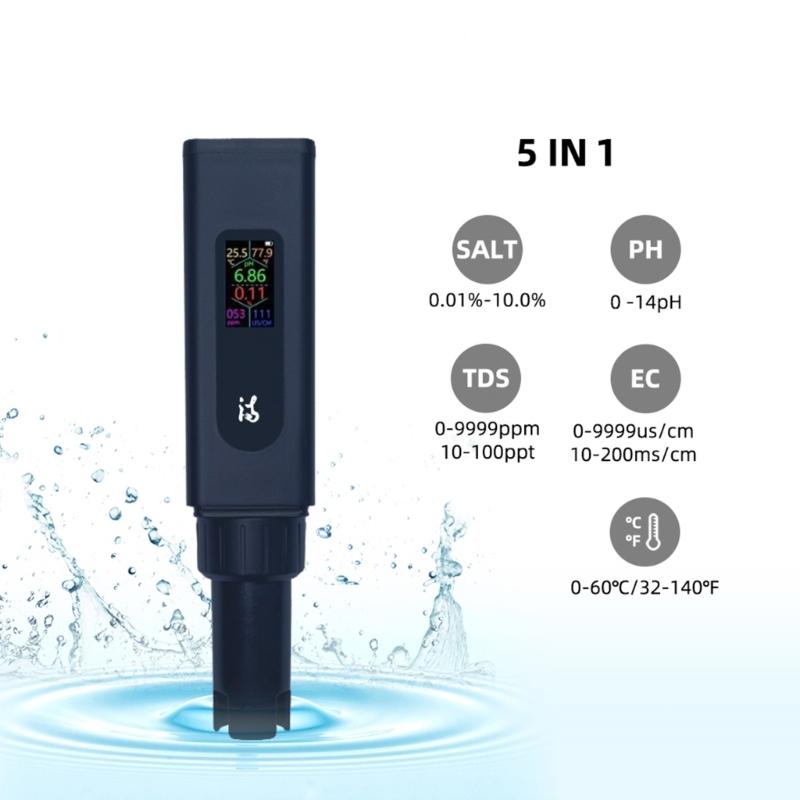 5 in 1 Water Quality Monitor Convenient Digital Display Water Quality Testing Pen Durable for Aquariums & Swimming Pools