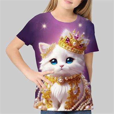 Sommer-t-skjorte for jenter med kortermet dyrekatt Aktiv polyester-dagbruk Barnetrykk 2-14 år gammel skjorte med 3D-trykk