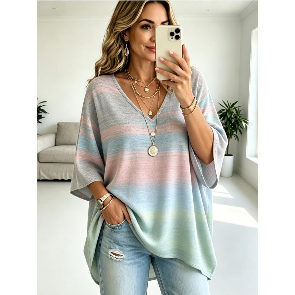Women's Oversized Loose V-neck T-shirt Top, Bata Shirt with Seven Quarter Sleeves Loose Shirt, Bohemian Style Casual T-shirt