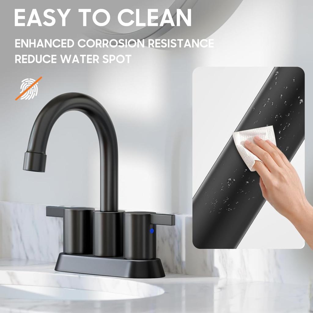 Phiestina 4 Inch 2 Handle Centerset Matte Black Lead-Free Modern Bathroom Faucet, 360 Swivel Spout 2-3 Hole RV Bathroom Vanity Sink Faucet with Pop