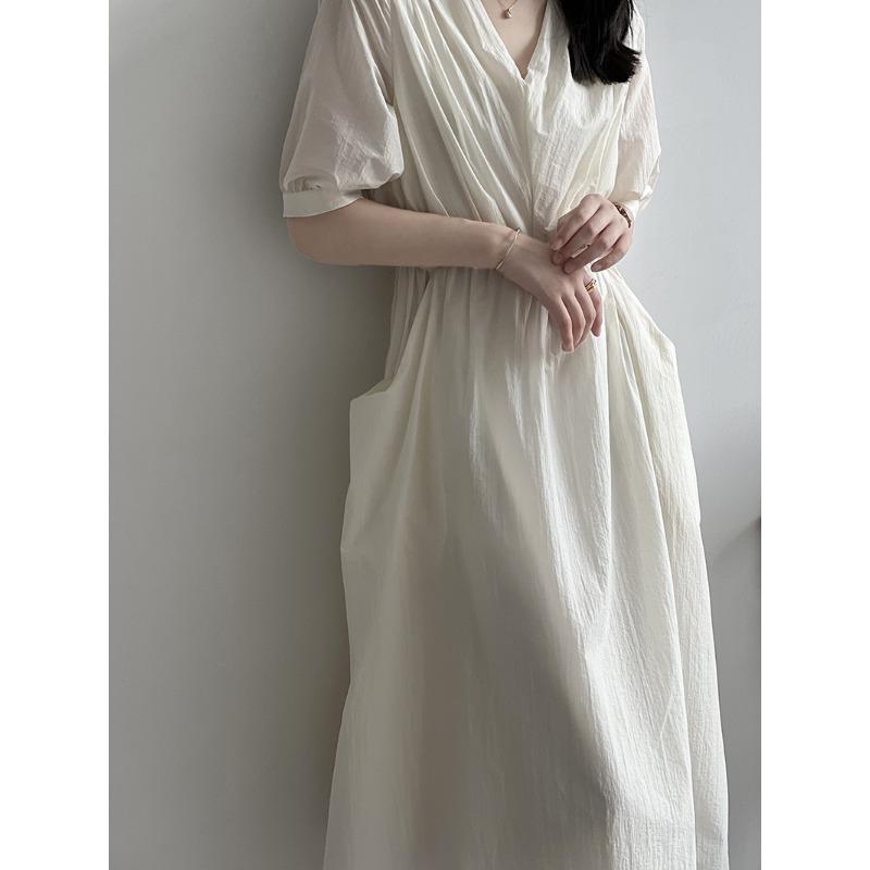 Vintage V-neck Pleated Dress Summer Women's Temperament Tie Waist Mid-length Dress