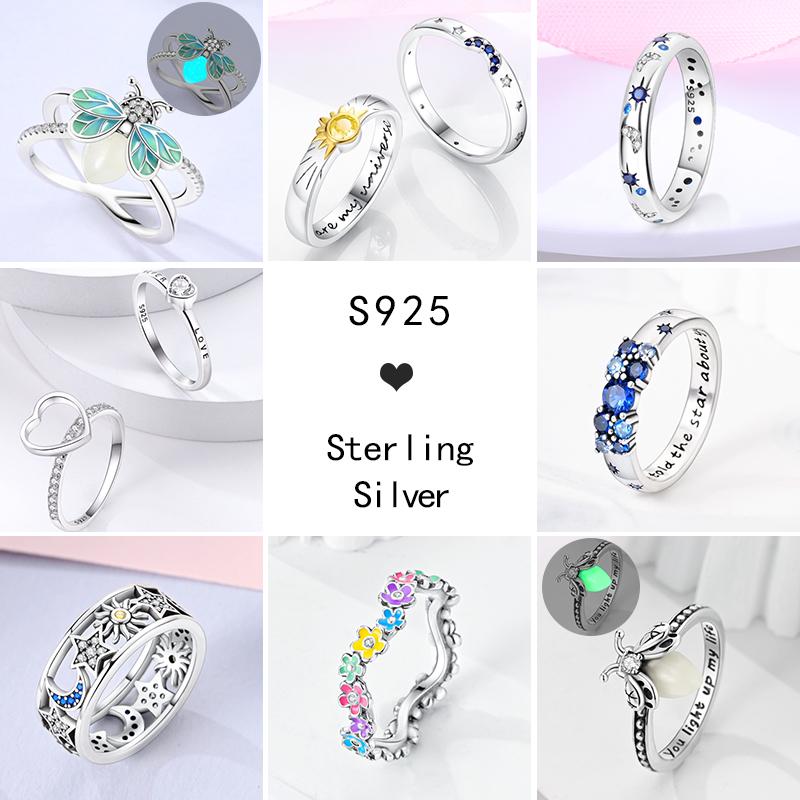 Shine Women koppar Fingerringar 925 Sterling Hjärta Krona Glöd Eldfluga Stjärna Sol Tusensköna Stapelbar Originalring Årsdag Zirkon