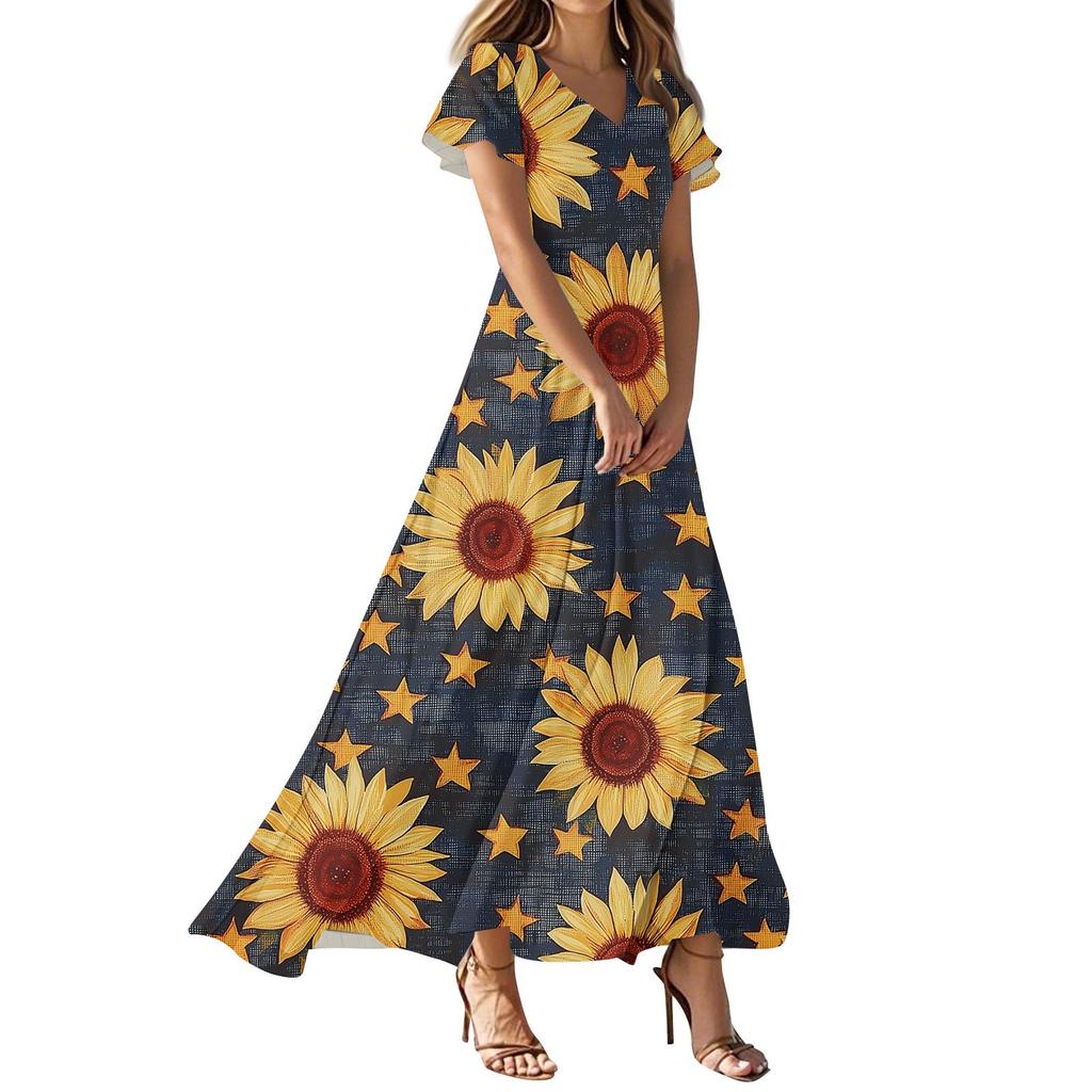 Women's Independence Day Printed Casual Fashion Dresses V-Neck Short Sleeve Dresses