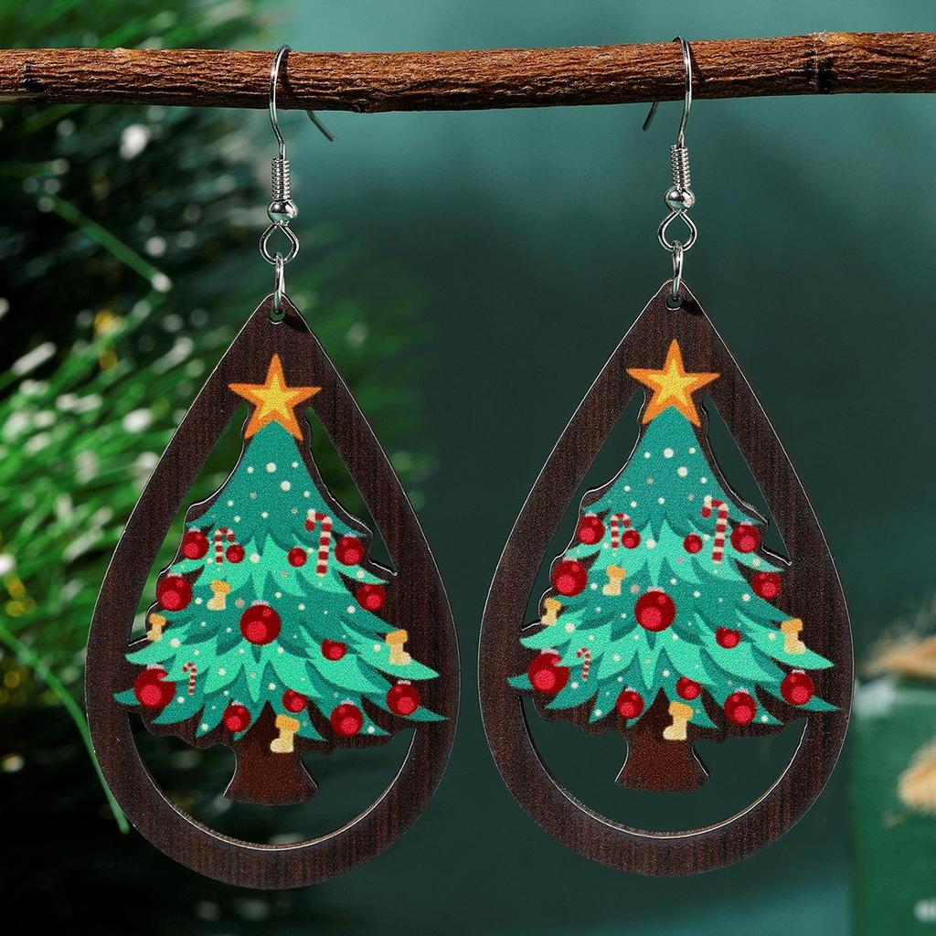 European & American Christmas Teardrop Earrings - Hollow Tree & Santa Design for Women