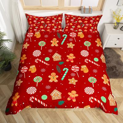 Homewish Cartoon Snowflake Print Duvet Cover Set,Cute Gingerbread Man Bedding Set,Red Christmas Theme Bed Set