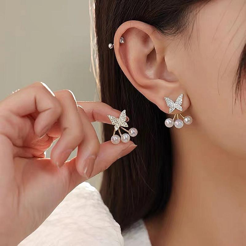 Light Luxury High-end Silver Butterfly Pearl Earrings Women's Retro Temperament Ins Style Earrings Niche Versatile Ear Jewelry