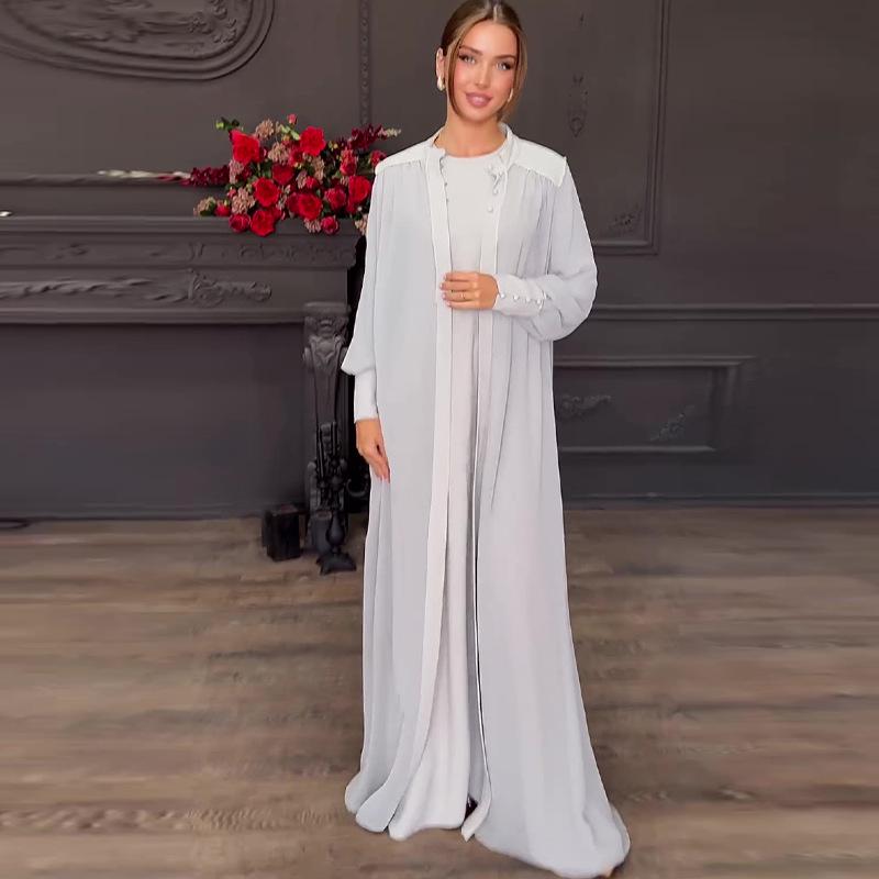 

Осень 2024 Женский однотонный элегантный облегающий длинный костюм-двойка с круглым вырезом и завязкой на талии XXXL светло-серый