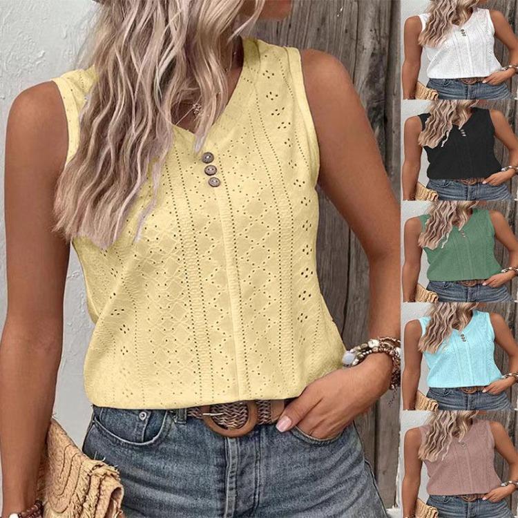 

2023 New European American Summer Women Tshirt Casual Solid Color Round Neck Buttoned Vest Top 3XL небо синє кольору