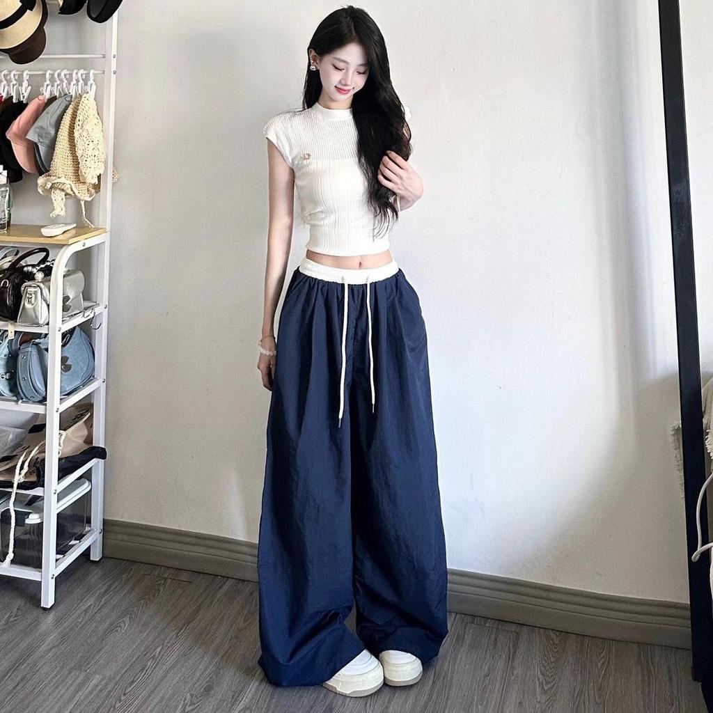 KOSY Y2k Vintage Übergroße Damen-Sweathose Baggy Koreanische Freizeithose Weite Blaue Dünne Hose Amerika Retro Patchwork